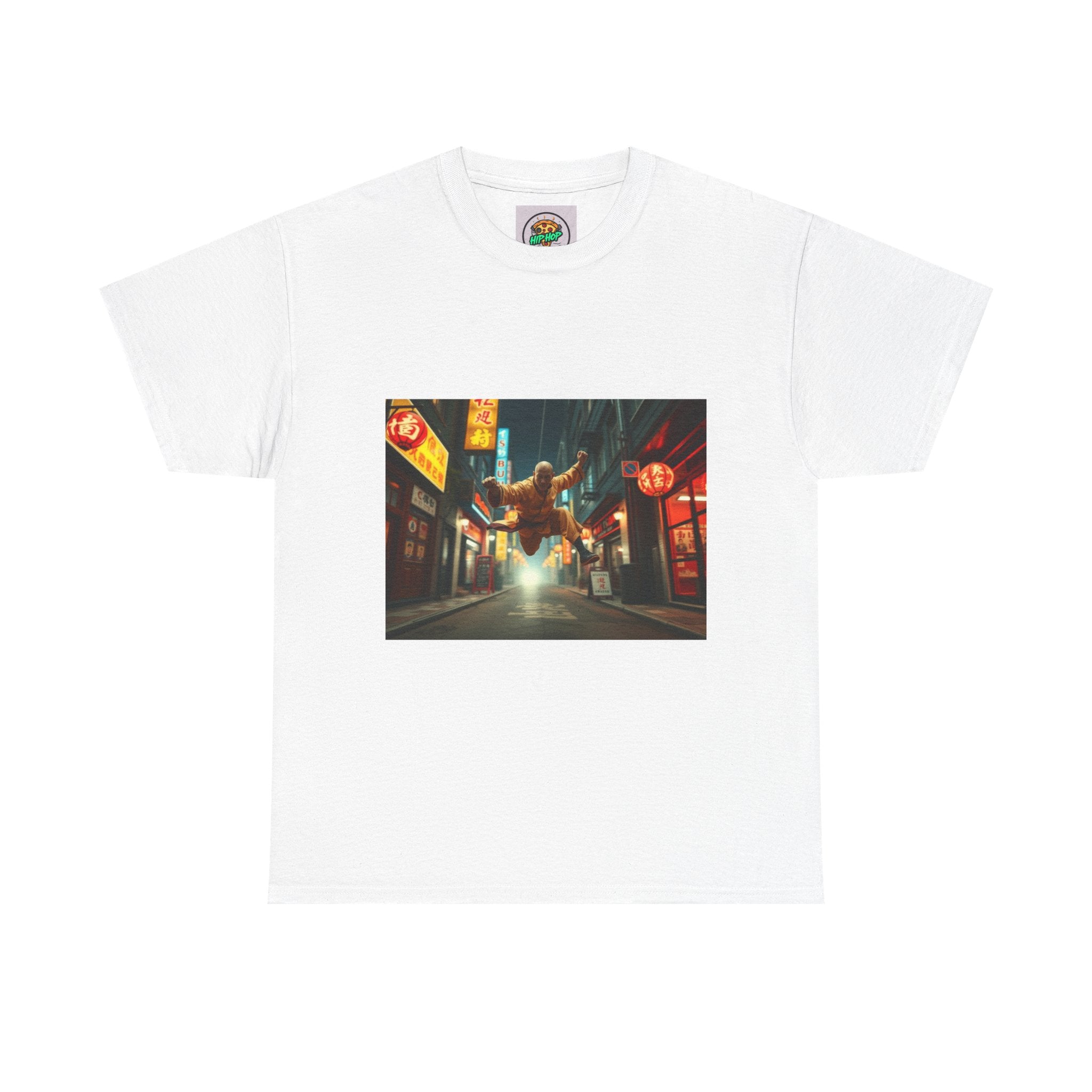 Street Samurai Nightscape Tee — Cyberpunk Alleyway Graphic T-Shirt