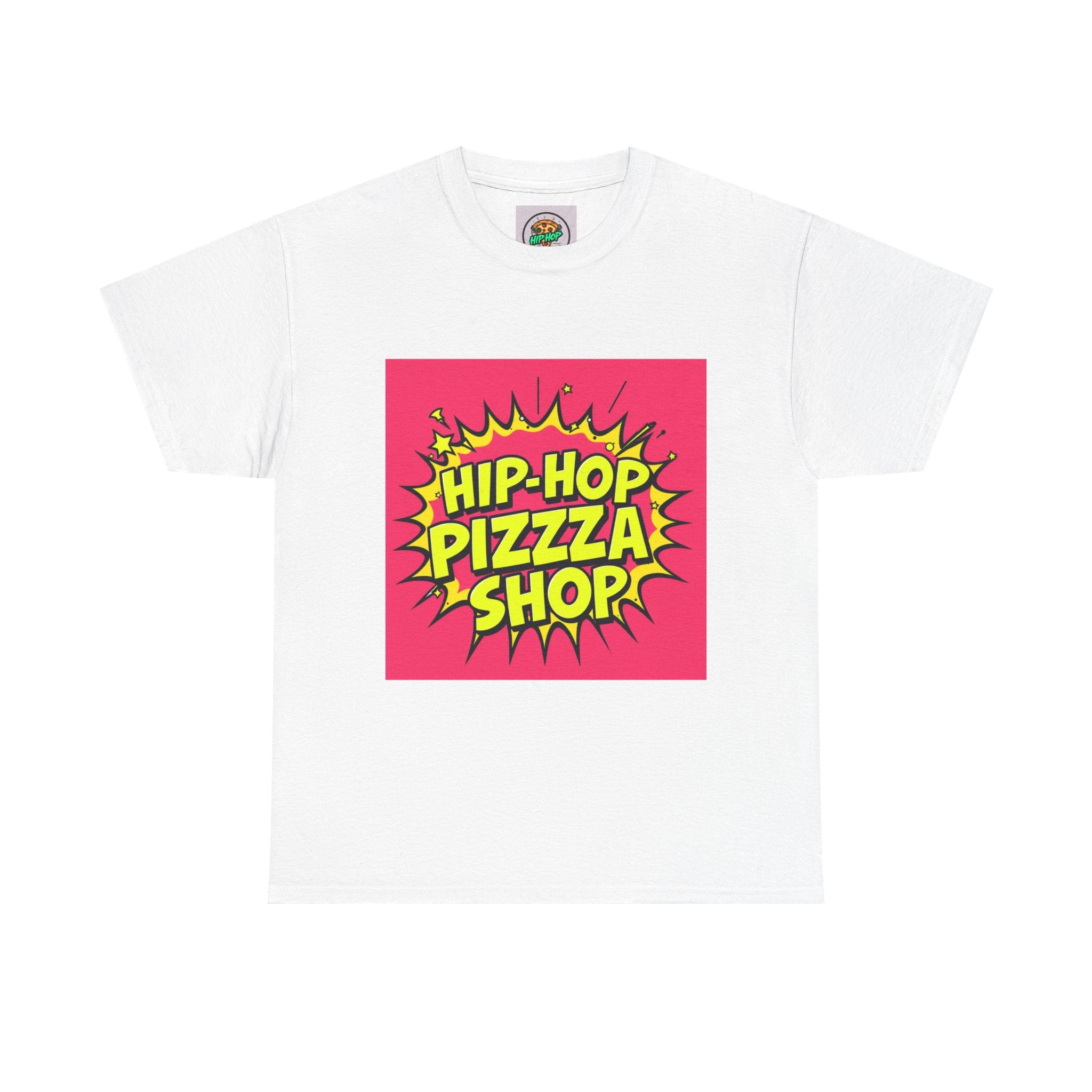 Hip-Hop Pizza Shop Tee, Unisex Heavy Cotton Tee, Streetwear Apparel, Fun Party Shirt, Gift for Food Lovers, Music Enthusiasts