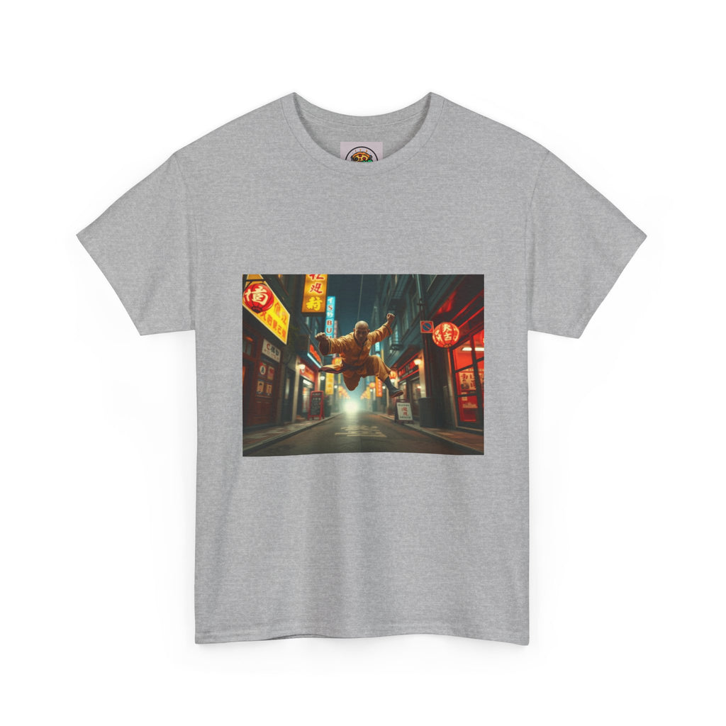 Street Samurai Nightscape Tee — Cyberpunk Alleyway Graphic T-Shirt