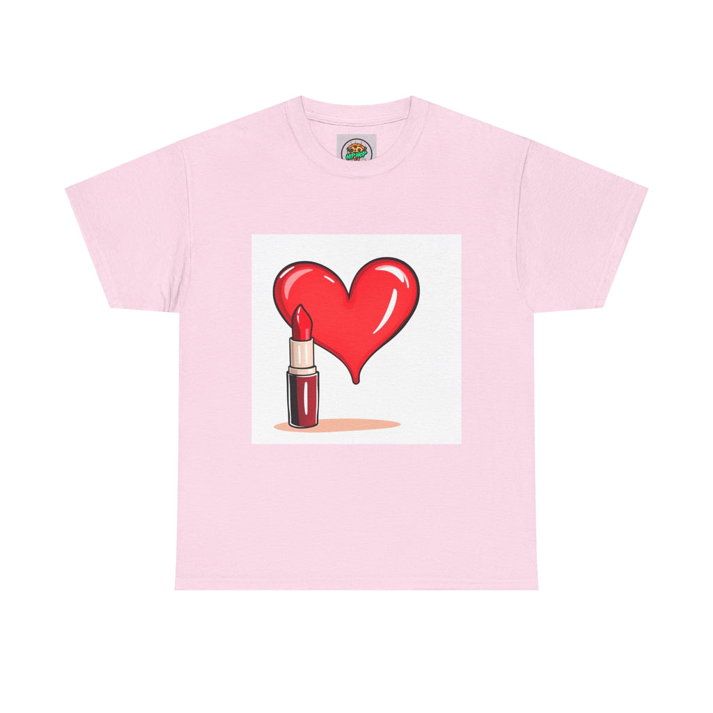 Loving Beauty Tee, Heart and Lipstick Graphic T-Shirt, Perfect Gift for Makeup Lovers, Cute Casual Wear, Valentine's Day
