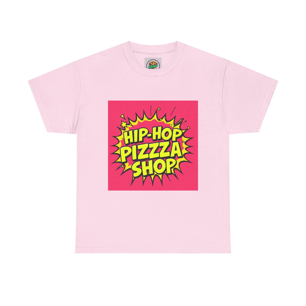 Hip-Hop Pizza Shop Tee, Unisex Heavy Cotton Tee, Streetwear Apparel, Fun Party Shirt, Gift for Food Lovers, Music Enthusiasts