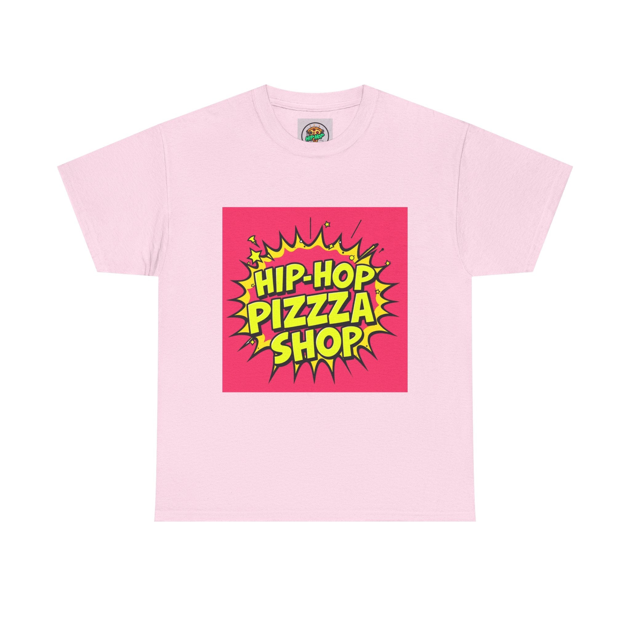 Hip-Hop Pizza Shop Tee, Unisex Heavy Cotton Tee, Streetwear Apparel, Fun Party Shirt, Gift for Food Lovers, Music Enthusiasts