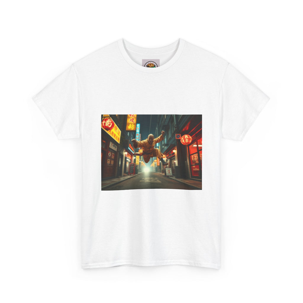 Street Samurai Nightscape Tee — Cyberpunk Alleyway Graphic T-Shirt
