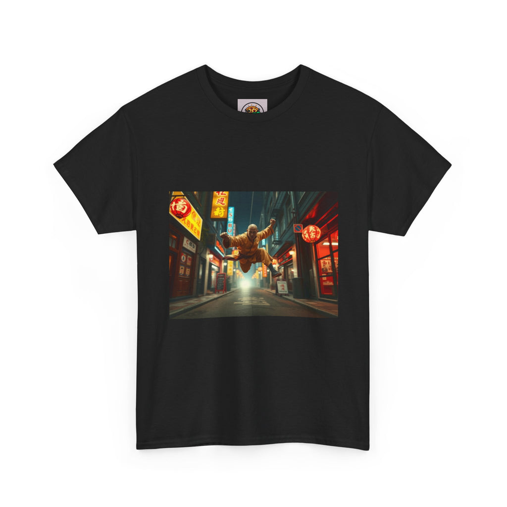 Street Samurai Nightscape Tee — Cyberpunk Alleyway Graphic T-Shirt