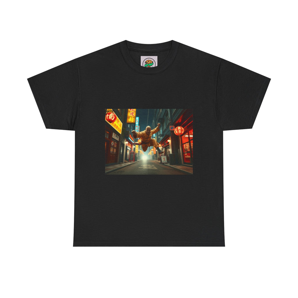 Street Samurai Nightscape Tee — Cyberpunk Alleyway Graphic T-Shirt