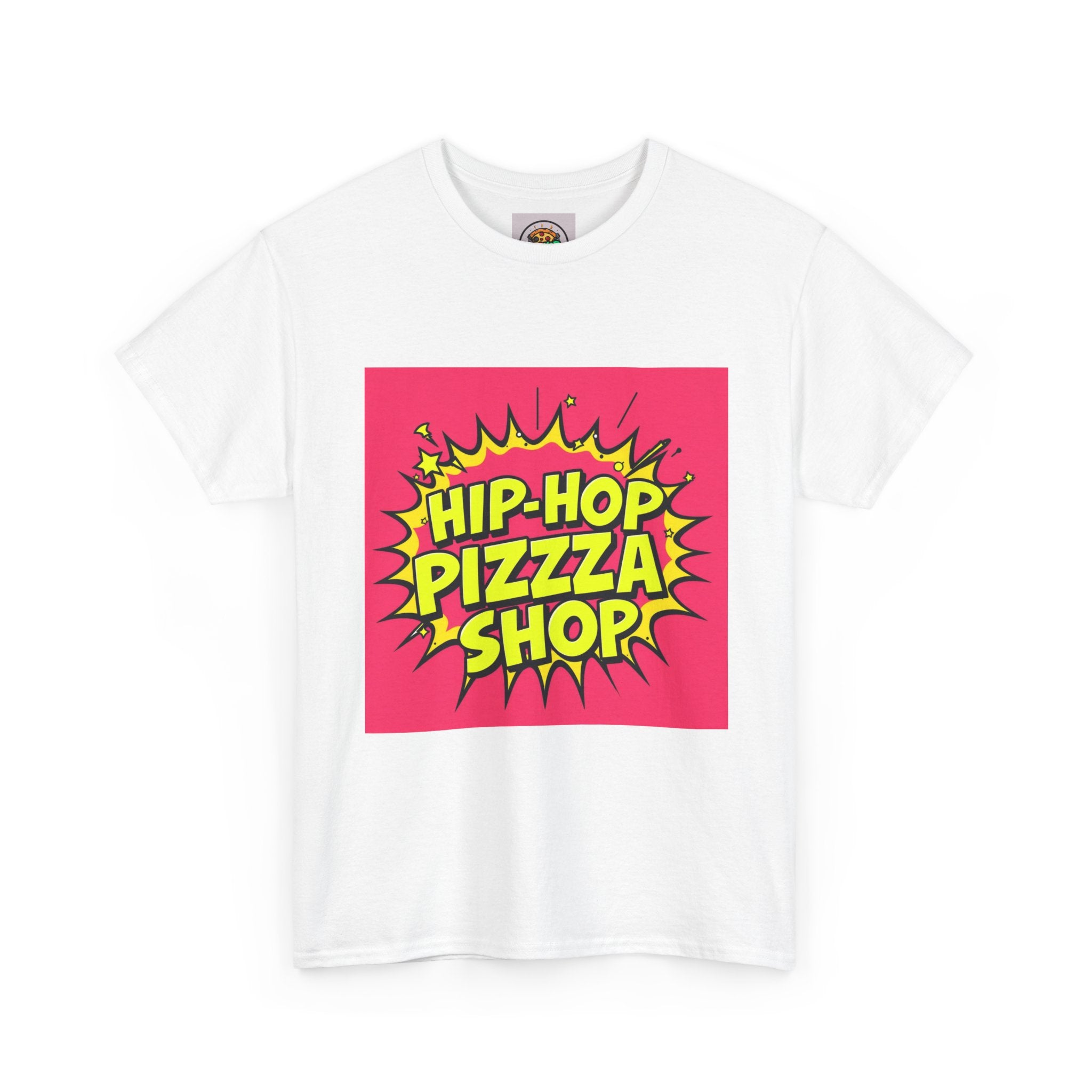 Hip-Hop Pizza Shop Tee, Unisex Heavy Cotton Tee, Streetwear Apparel, Fun Party Shirt, Gift for Food Lovers, Music Enthusiasts