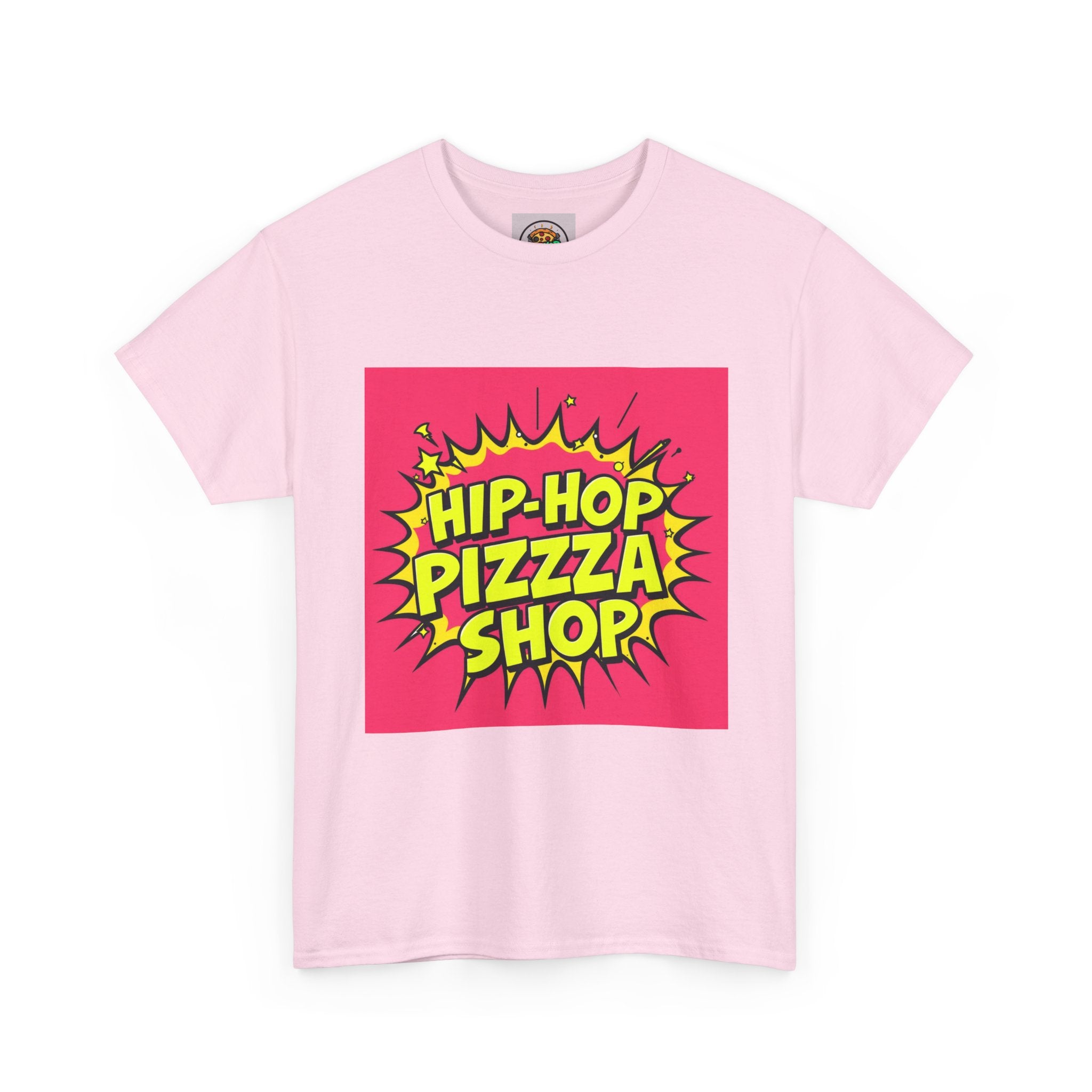 Hip-Hop Pizza Shop Tee, Unisex Heavy Cotton Tee, Streetwear Apparel, Fun Party Shirt, Gift for Food Lovers, Music Enthusiasts