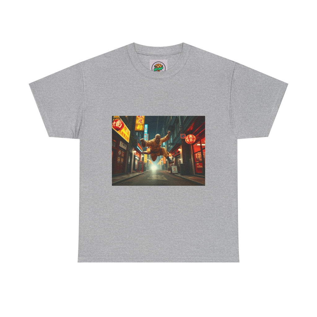 Street Samurai Nightscape Tee — Cyberpunk Alleyway Graphic T-Shirt