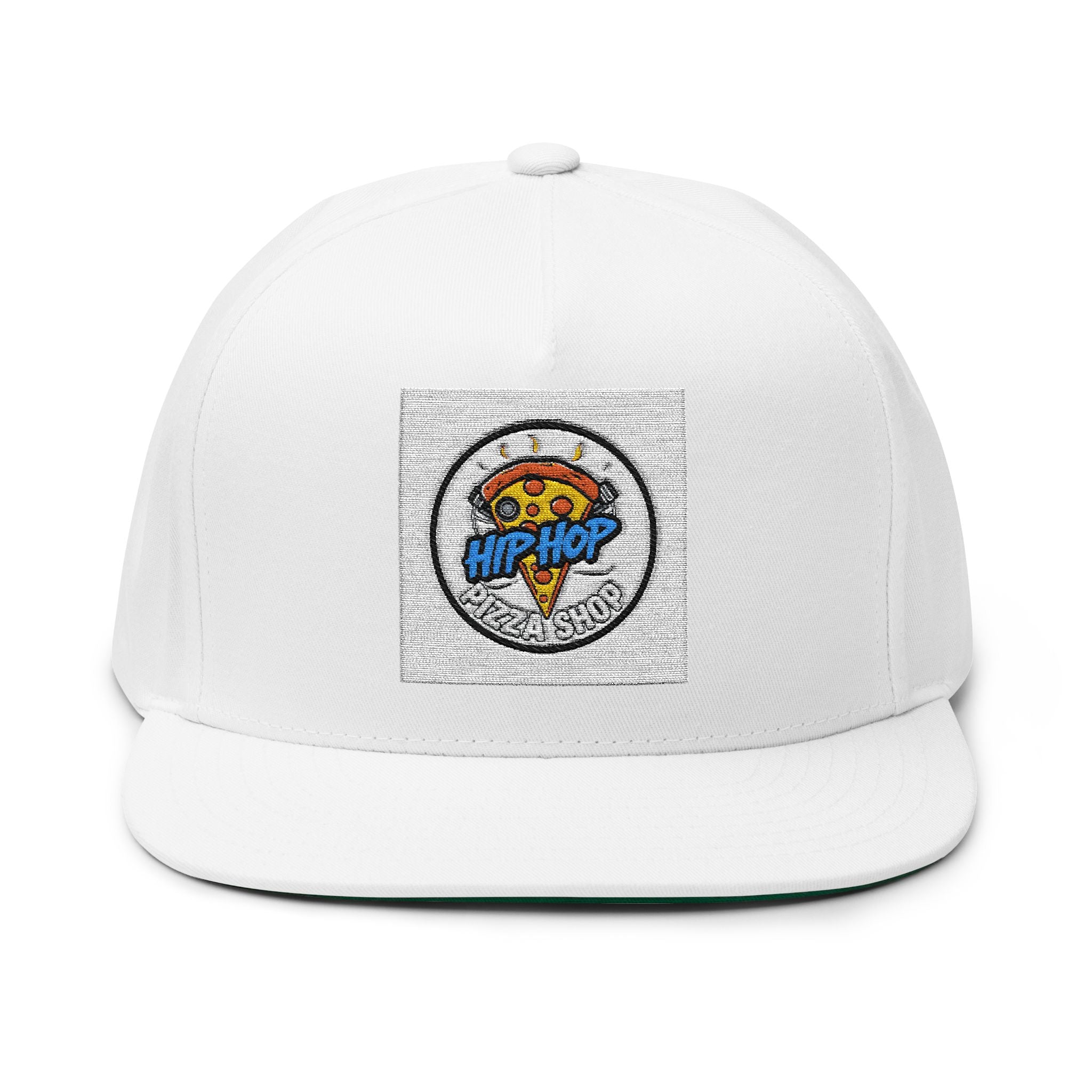 Hip Hop Pizza Flat Bill Cap, Cool Streetwear Hat, Embroidered Cap for Music Lovers, Gift for Hip Hop Fans, Trendy Urban Fashion